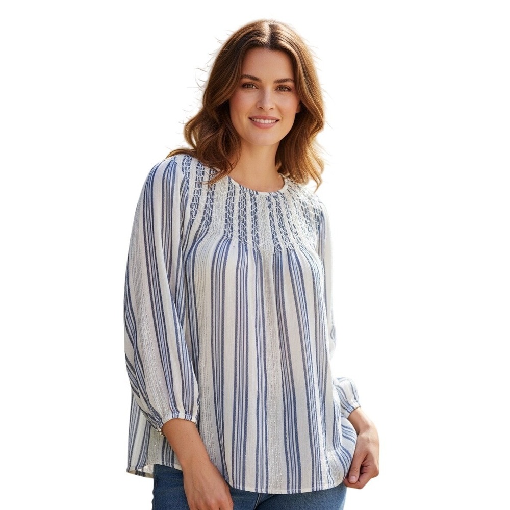 J Jill Striped Smocked Blouse Top Blue Gold Boho Coastal Peasant Flowy Loose Fit